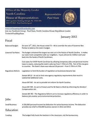 January 2012
Policy:            Senate Bill 8, “No Cap on Number of Charter Schools”. Already new charter schools
        ...