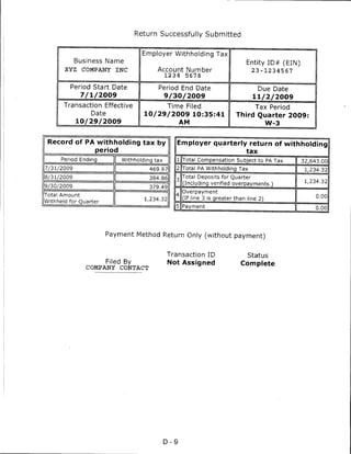 Return Successfully Submitted


                                     Employer Withholding Tax
             Business Name                                                      Entity ID# (EIN)
       XYZ     COMPANY     INC            Account Number                           23-1234567
                                               1234    5678

         Period Start Date                Period End Date                             Due Date
               7/1/2009                        9/30/2009                           11/2/2009
       Transaction Effective              Time Filed                                Tax Period
                 Date                10/29/2009 10:35:41                    Third Quarter 2009:
             10/29/2009                              AM                                    W-3


 Record of PA withholding tax by                  Employer quarterly return of withholding
                  period                                                        tax
      Period Ending          Withholding tax      l Total Compensation Subject to PA Tax           32,643.00
7/31/2009                              469.97     2 Total PA Withholding Tax                        1,234.32
18/31/2009                             384.86     3
                                                      Total Deposits for Quarter
                                                      (Including verified overpayments.)            1,234.32
9/30/2009                              379.49
                                                      Overpayment
Total Amount                                      4                                                    0.00
                                     1,234.32         (If line 3 is greater than line 2)
Withheld for Quarter
                                                  5 Payment                                            0.00




                        Payment Method Return Only (without payment)


                                               Transaction ID                    Status
                        Filed By               Not Assigned                   Complete
                COMPANY     CONTACT




                                               D-9
 