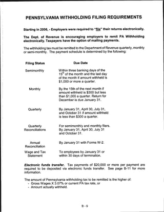 PENNSYLVANIA WITHHOLDING FILING REQUIREMENTS


Starting in 2006, - Employers were required to "file" their returns electronically.

The Dept. of Revenue is encouraging employers to remit PA Withholding
electronically. Taxpayers have the option of mailing payments.

The withholding tax must be remitted to the Department of Revenue quarterly, monthly
or semi-monthly. The payment schedule is determined by the following:



 Filing Status                    Due Date


 Semimonthly            Within three banking days of the
                        15th of the month and the last day
                        of the month if amount withheld is
                        $1,000 or more a quarter.


   Monthly              By the 15th of the next month if
                        amount withheld is $300 but less
                        than $1,000 a quarter. Return for
                        December is due January 31.


   Quarterly            By January 31, April 30, July 31,
                        and October 31 if amount withheld
                        is less than $300 a quarter.


   Quarterly            For semimonthly and monthly filers.
Reconciliations         By January 31, April 30, July 31
                        and October 31.


    Annual              By January 31 with Forms W-2.
 Reconciliation

Wage and Tax            To employees by January 31 or
  Statement             within 30 days of termination.


Electronic funds transfer. Tax payments of $20,000 or more per payment are
required to be deposited via electronic funds transfer. See page B-11 for more
information.


The amount of Pennsylvania withholding tax to be remitted is the higher of:
   - Gross Wages X 3.07% or current PA tax rate, or
   - Amount actually withheld.




                                        B-9
 