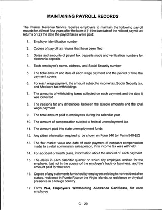 MAINTAINING PAYROLL RECORDS


The Internal Revenue Service requires employers to maintain the following payroll
records for at least four years after the later of (1) the due date of the related payroll tax
returns or (2) the date the payroll taxes were paid:

   1.    Employer identification number

  2.     Copies of payroll tax returns that have been filed

  3.     Dates and amounts of payroll tax deposits made and verification numbers for
         electronic deposits

  4.     Each employee's name, address, and Social Security number

  5.     The total amount and date of each wage payment and the period of time the
         payment covers


  6.     For each wage payment, the amount subject to income tax, Social Security tax,
         and Medicare tax withhold ings

  7.     The amounts of withholding taxes collected on each payment and the date it
         was collected

  8.     The reasons for any differences between the taxable amounts and the total
         wage payment


  9.     The total amount paid to employees during the calendar year

   10.   The amount of compensation subject to federal unemployment tax

   11.   The amount paid into state unemployment funds

   12.   Any other information required to be shown on Form 940 (or Form 940-EZ)

   13.   The fair market value and date of each payment of noncash compensation
         made to a retail commission salesperson, if no income tax was withheld

   14.   For accident or health plans, information about the amount of each payment

   15.   The dates in each calendar quarter on which any employee worked for the
         employer, but not in the course of the employer's trade or business, and the
         amount paid for that work

   16.   Copies of any statements furnished by employees relating to nonresident alien
         status, residence in Puerto Rico or the Virgin Islands, or residence or physical
         presence in a foreign country

   17.   Form   W-4,   Employee's Withholding Allowance Certificate, for each
         employee




                                           C-29
 