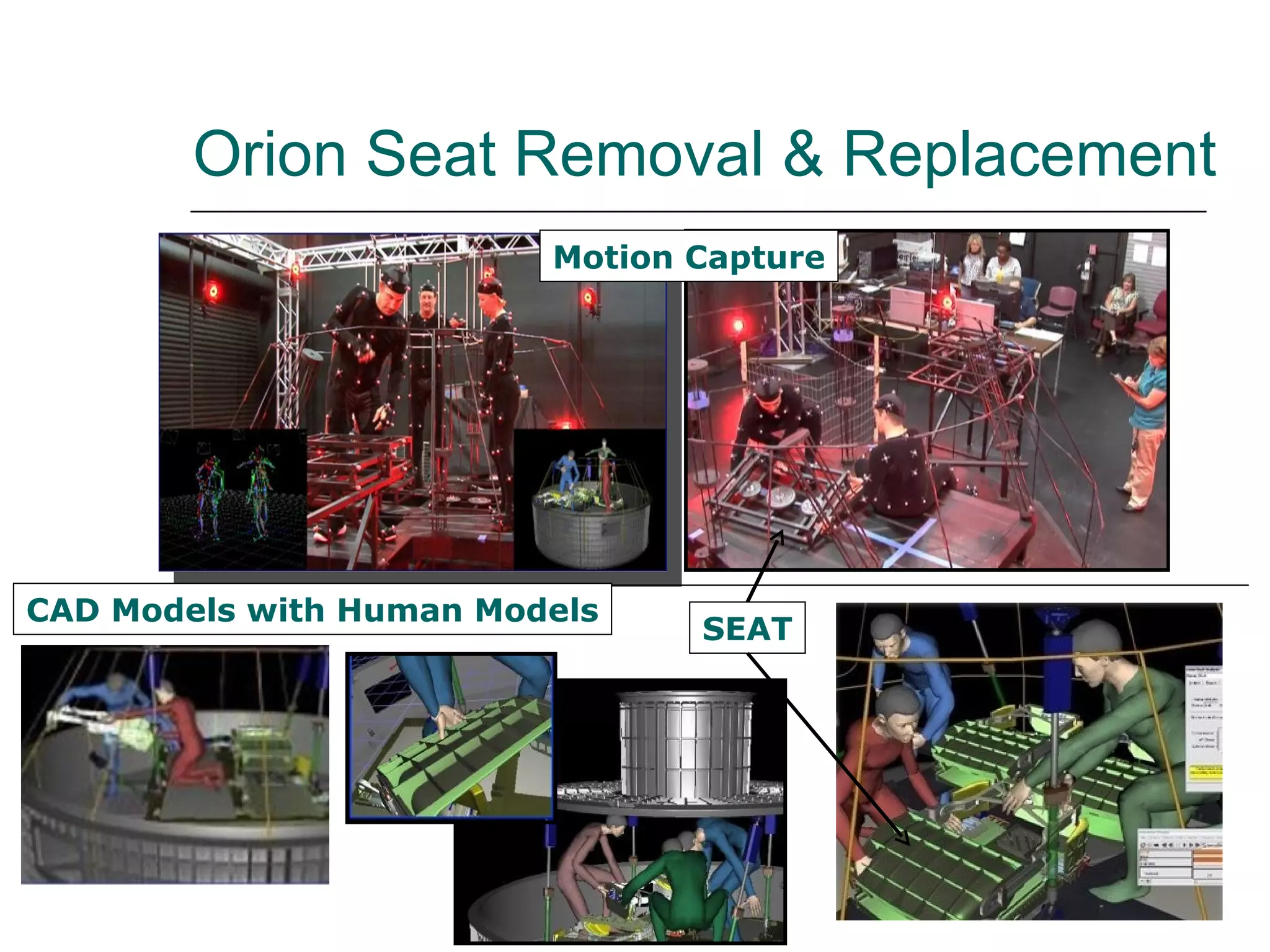 Orion Seat Removal & Replacement
                         Motion Capture




CAD Models with Human Models
                                SEAT
 