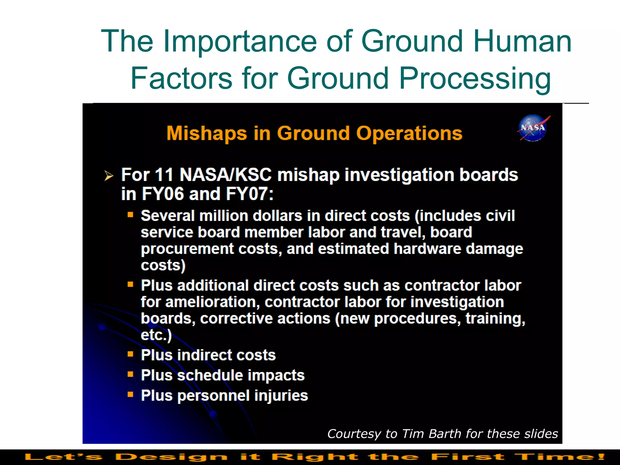 The Importance of Ground Human
  Factors for Ground Processing




              Courtesy to Tim Barth for these slides
 