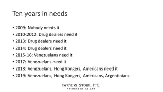 Ten years in needs
• 2009: Nobody needs it
• 2010-2012: Drug dealers need it
• 2013: Drug dealers need it
• 2014: Drug dea...