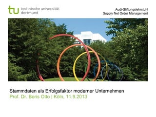 Audi-Stiftungslehrstuhl
Supply Net Order Management

Stammdaten als Erfolgsfaktor moderner Unternehmen
Prof. Dr. Boris Otto | Köln, 11.9.2013

 