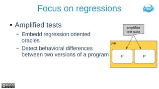 Focus on regressions
● Amplified tests
– Embedd regression oriented
oracles
– Detect behavioral differences
between two ve...
