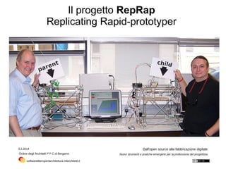3.2.2014
Ordine degli Architetti P P C di Bergamo
Dall'open source alla fabbricazione digitale
Nuovi strumenti e pratiche emergenti per la professione del progettista
softwareliberoperlarchitettura.mfarchitetti.it
Il progetto RepRap
Replicating Rapid-prototyper
 