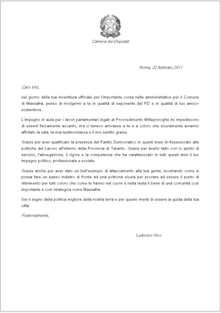 Lettera del On. Vico a Vito Miccolis