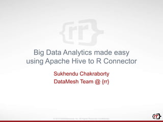 © 2014 RichRelevance, Inc. All Rights Reserved. Confidential.
Sukhendu Chakraborty
DataMesh Team @ {rr}
Big Data Analytics made easy
using Apache Hive to R Connector
 