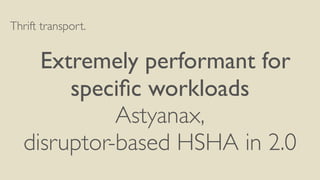 Thrift transport.
!
	

 Extremely performant for
speciﬁc workloads
Astyanax,	

disruptor-based HSHA in 2.0
 