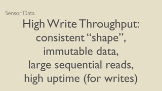 Sensor Data.	

High Write Throughput:	

consistent “shape”,	

immutable data,	

large sequential reads,	

high uptime (for...
