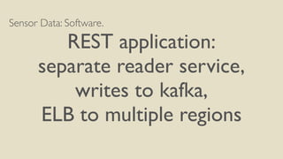 Sensor Data: Software.	

REST application:	

separate reader service,	

writes to kafka,	

ELB to multiple regions
 