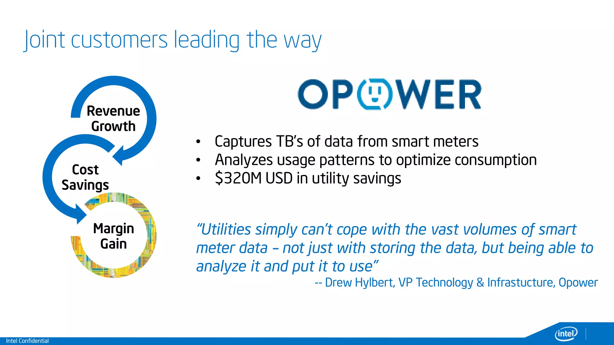 Intel Confidential
Joint customers leading the way
Revenue
Growth
Cost
Savings
Margin
Gain
• Captures TB’s of data from smart meters
• Analyzes usage patterns to optimize consumption
• $320M USD in utility savings
“Utilities simply can’t cope with the vast volumes of smart
meter data – not just with storing the data, but being able to
analyze it and put it to use”
-- Drew Hylbert, VP Technology & Infrastucture, Opower
 