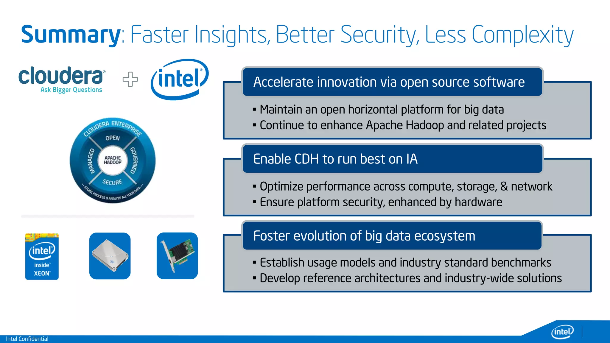 Intel Confidential
Summary: Faster Insights, Better Security, Less Complexity
• Maintain an open horizontal platform for big data
• Continue to enhance Apache Hadoop and related projects
Accelerate innovation via open source software
• Optimize performance across compute, storage, & network
• Ensure platform security, enhanced by hardware
Enable CDH to run best on IA
• Establish usage models and industry standard benchmarks
• Develop reference architectures and industry-wide solutions
Foster evolution of big data ecosystem
 