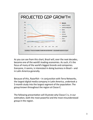 As you can see from this chart, Brazil will, over the next decades, 
become one of the world’s leading economies. As such, it’s the 
focus of many of the world’s biggest brands and companies. 
Everyone, it seems, is interested in doing business in Brazil – and 
in LaJn America generally. 
Because of this, Razorﬁsh – in conjuncJon with Terra Networks, 
the largest digital media company in LaJn America, undertook a 
5‐month study into the largest segment of the populaJon: The 
group known throughout the region at Classe C. 
The following presentaJon will illustrate why Classe C is, in our 
esJmaJon, both the most powerful and the most misunderstood 
group in the region. 
3 
 