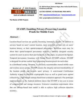 Stamp enabling privacy preserving location proofs for mobile users | PDF
