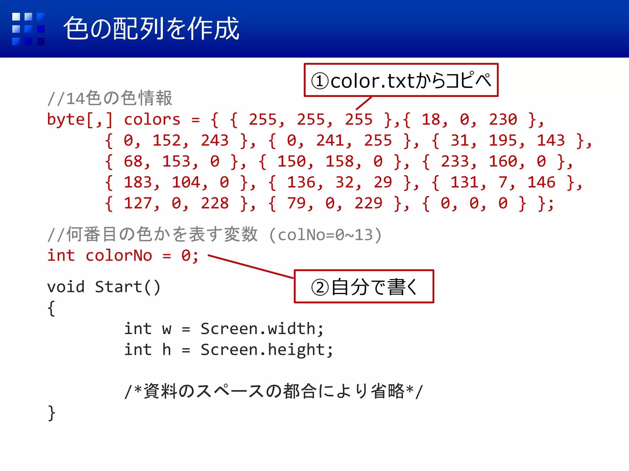 色の配列を作成
//14色の色情報
byte[,] colors = { { 255, 255, 255 },{ 18, 0, 230 },
{ 0, 152, 243 }, { 0, 241, 255 }, { 31, 195, 143 },
{ 68, 153, 0 }, { 150, 158, 0 }, { 233, 160, 0 },
{ 183, 104, 0 }, { 136, 32, 29 }, { 131, 7, 146 },
{ 127, 0, 228 }, { 79, 0, 229 }, { 0, 0, 0 } };
//何番目の色かを表す変数 (colNo=0~13)
int colorNo = 0;
void Start()
{
int w = Screen.width;
int h = Screen.height;
/*資料のスペースの都合により省略*/
}
①color.txtからコピペ
②自分で書く
 