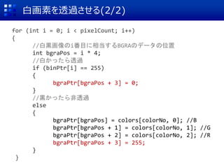 白画素を透過させる(2/2)
for (int i = 0; i < pixelCount; i++)
{
//白黒画像のi番目に相当するBGRAのデータの位置
int bgraPos = i * 4;
//白かったら透過
if (binPtr[i] == 255)
{
bgraPtr[bgraPos + 3] = 0;
}
//黒かったら非透過
else
{
bgraPtr[bgraPos] = colors[colorNo, 0]; //B
bgraPtr[bgraPos + 1] = colors[colorNo, 1]; //G
bgraPtr[bgraPos + 2] = colors[colorNo, 2]; //R
bgraPtr[bgraPos + 3] = 255;
}
}
 