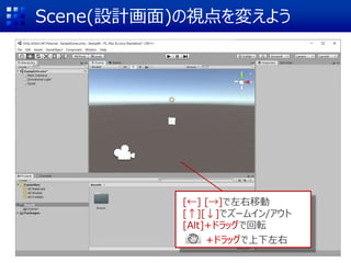 Scene(設計画面)の視点を変えよう
[←] [→]で左右移動
[↑][↓]でズームイン/アウト
[Alt]+ドラッグで回転
+ドラッグで上下左右
 