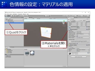 色情報の設定：マテリアルの適用
①Quadをクリック
②Materialsを開く
※▼をクリック
 