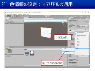色情報の設定：マテリアルの適用
①Unlit
②Transparent
 
