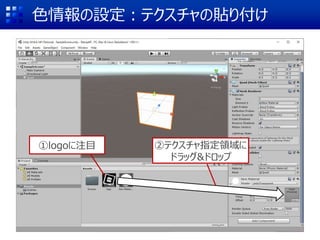 色情報の設定：テクスチャの貼り付け
①logoに注目 ②テクスチャ指定領域に
ドラッグ&ドロップ
 
