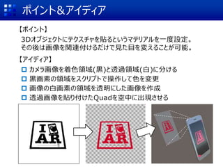 ポイント&アイディア
【ポイント】
3Dオブジェクトにテクスチャを貼るというマテリアルを一度設定。
その後は画像を関連付けるだけで見た目を変えることが可能。
【アイディア】
 カメラ画像を着色領域(黒)と透過領域(白)に分ける
 黒画素の領域をスクリプトで操作して色を変更
 画像の白画素の領域を透明にした画像を作成
 透過画像を貼り付けたQuadを空中に出現させる
 