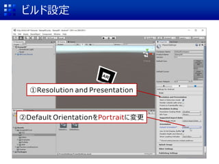 ビルド設定
①Resolution and Presentation
②Default OrientationをPortraitに変更
 