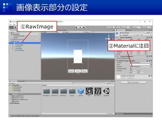 画像表示部分の設定
①RawImage
②Materialに注目
 
