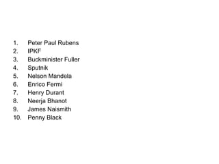 Peter Paul Rubens IPKF Buckminister Fuller Sputnik Nelson Mandela Enrico Fermi Henry Durant Neerja Bhanot James Naismith Penny Black 
