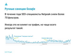 11
Ручные санкции Google
В течение года SEO-специалисты Netpeak сняли более
70 фильтров.
Иногда это не влияет на трафик, но чаще всего
результат такой:
 