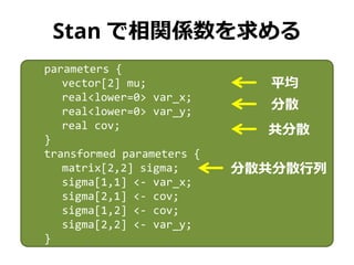 Stan で相関係数を求める
parameters {
vector[2] mu;
real<lower=0> var_x;
real<lower=0> var_y;
real cov;
}
transformed parameters {
m...