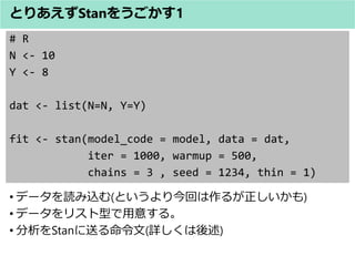 # R
N <- 10
Y <- 8
dat <- list(N=N, Y=Y)
fit <- stan(model_code = model, data = dat,
iter = 1000, warmup = 500,
chains = 3 , seed = 1234, thin = 1)
? ǩ`iz(Ȥؤ뤬)
? ǩ`ꥹͤ⤹롣
? Stanͤ(Ԕ)
ȤꤢStan򤦤1
 