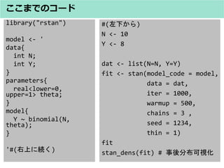 library("rstan")
model <- '
data{
int N;
int Y;
}
parameters{
real<lower=0,
upper=1> theta;
}
model{
Y ~ binomial(N,
theta);
}
'#(Ϥ˾A)
ޤǤΥ`
#(¤)
N <- 10
Y <- 8
dat <- list(N=N, Y=Y)
fit <- stan(model_code = model,
data = dat,
iter = 1000,
warmup = 500,
chains = 3 ,
seed = 1234,
thin = 1)
fit
stan_dens(fit) # ֲҕ
 