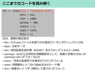 fit <- stan(file = "binomial.stan",
data = dat,
iter = 1000,
warmup = 500,
chains = 3,
seed = 1234,
thin = 1)
ΤϡgHƶ
? file= ɤ.stanեʹΤָ(`󥰥ǥ쥯ȥ)
? data= ǩ`
? iter= λӋ㣨MCMCФ ( ǥե=2000)
? warmup= iterΤλؤڂȤơY˷ӳʤ
(warmup<iter) (ǥե= iter/2)
? chain= αФӋФ? (ǥե=4)
? seed= ڂ򤤤Ĥʼ뤫Υ`ɂ
? thin= Y򤤤Ĥgʹ (ǥե=1)
ޤǤΥ`ɤi߽⤯
 