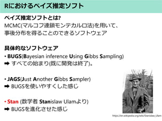 Rˤ٥ƶե
٥ƶեȤȤ?
MCMC(ޥ륳Biƥ)äơ
ֲä뤳ȤΤǤ륽եȥ
Ĥʥեȥ
? BUGS(Bayesian inference Using Gibbs Sampling)
? ٤Ƥʼޤ(Ȥ_kϽK)
? JAGS(Just Another Gibbs Sampler)
? BUGSʹ䤹Ф
? Stan (ѧ Stanislaw Ulam)
? BUGSMФ
https://en.wikipedia.org/wiki/Stanislaw_Ulam
 
