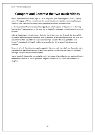 Sonia Filipa Soares-Eusebio
12
Compare and Contrast the two music videos
Stan is different from last Friday night (L.F.N) as they come from different genre’s Stan’s a hip hop
and L.F.N is a pop. L.F.N has a much more of a conventional music video than Stan does however;
they both have their unconventional traits (Stan being completely unconventional).
L.F.N uses cuts to different scenes as if taking pictures, which explains all the pictures on the blog
however Stan’s scene changes on the beat, and so they differ once again in the transition from scene
to scene.
In L.F.N, they use very intimate camera shots like the tilt shot when she descends the steps, which
focuses on her body and just adds to the male gaze theory, as if a guy were looking at her. Stan also
uses intimate shots around the main character example would be the close ups to Stan and
Eminem’s face as well as the girlfriend these personalize the link between the character and
audience.
However, all in all the videos where polar opposites Stan was much more dark and depressing (dark
theme) and L.F.N was brightly coloured with great positive mood and setting they both had good
messages however the similarities were few.
Stan is based off the poor background whereas L.F.N is based off a rich family, you see the difference
between the two as Stan has his ‘girlfriend’ pregnant whereas the rich family is married with a
daughter.
 