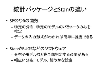 統計パッケージとStanの違い
• SPSSやRの関数
– 特定の分布，特定のモデルのパラメータのみを
推定
– データの入力形式がわかれば簡単に推定できる
• StanやBUGSなどのソフトウェア
– 分布やモデルなどを全部指定する必要がある
– 幅広い分布，モデル，細やかな設定
 