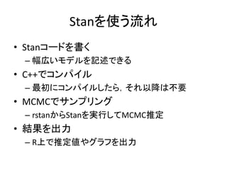 Stanを使う流れ
• Stanコードを書く
– 幅広いモデルを記述できる
• C++でコンパイル
– 最初にコンパイルしたら，それ以降は不要
• MCMCでサンプリング
– rstanからStanを実行してMCMC推定
• 結果を出力
– R上で推定値やグラフを出力
 