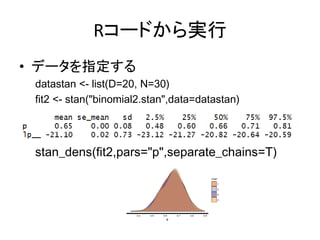 Rコードから実行
• データを指定する
datastan <- list(D=20, N=30)
fit2 <- stan("binomial2.stan",data=datastan)
stan_dens(fit2,pars="p",separate_chains=T)
 