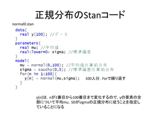 正規分布のStanコード
y[n]は，nが1番目から100番目まで変化するので，yの要素の全
部について平均mu，SDがsigmaの正規分布に従うことを指定し
ていることになる
normal0.stan
100人分，Forで繰り返す
 