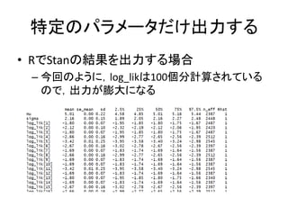 特定のパラメータだけ出力する
• RでStanの結果を出力する場合
– 今回のように，log_likは100個分計算されている
ので，出力が膨大になる
 