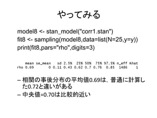 やってみる
model8 <- stan_model("corr1.stan")
fit8 <- sampling(model8,data=list(N=25,y=y))
print(fit8,pars="rho",digits=3)
– 相関...