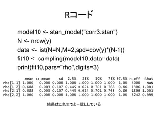 Rコード
model10 <- stan_model("corr3.stan")
N <- nrow(y)
data <- list(N=N,M=2,spd=cov(y)*(N-1))
fit10 <- sampling(model10,dat...