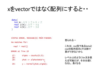xをvectorではなく配列にすると・・
怒られる・・
これは，real型であるbetaと
realの配列型のxでは掛け
算ができないから
レベル12のようにfor文を使
えば可能だが，その分遅く
なるし，長くなる
 