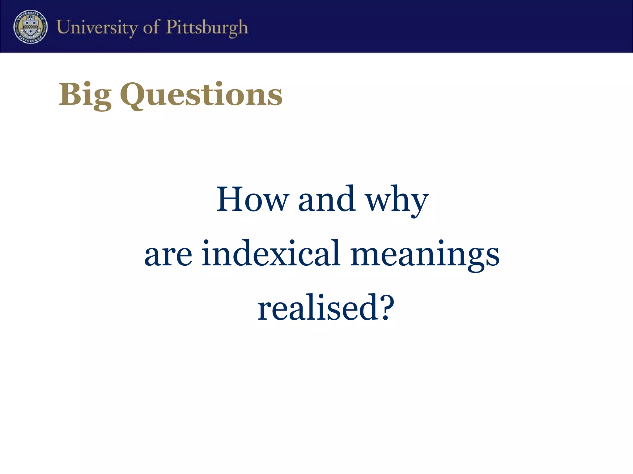 Big Questions How and why  are indexical meanings  realised? 