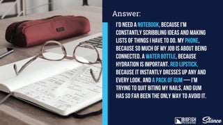 Answer:
I'd need a notebook, because I'm
constantly scribbling ideas and making
lists of things I have to do. My phone,
because so much of my job is about being
connected. A water bottle, because
hydration is important. Red lipstick,
because it instantly dresses up any and
every look. And a pack of gum — I'm
trying to quit biting my nails, and gum
has so far been the only way to avoid it.
 