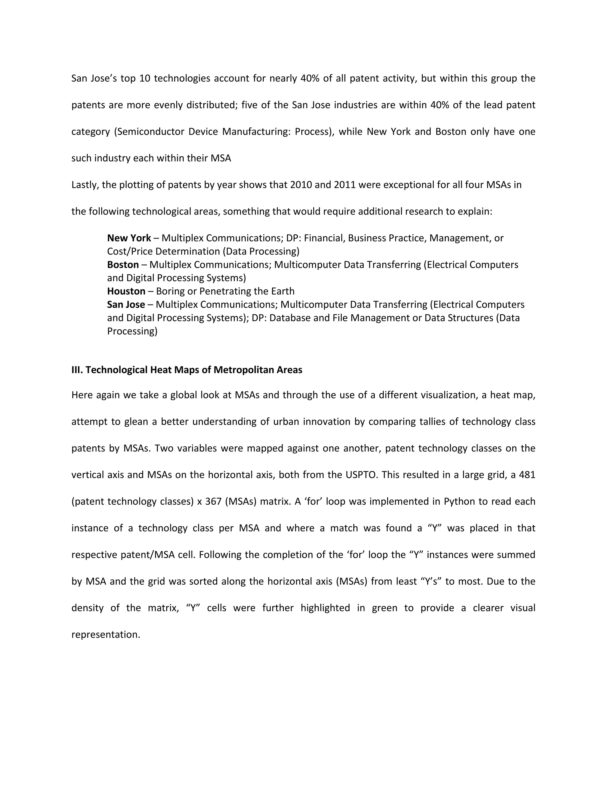 San Jose’s top 10 technologies account for nearly 40% of all patent activity, but within this group the
patents are more evenly distributed; five of the San Jose industries are within 40% of the lead patent
category (Semiconductor Device Manufacturing: Process), while New York and Boston only have one
such industry each within their MSA
Lastly, the plotting of patents by year shows that 2010 and 2011 were exceptional for all four MSAs in
the following technological areas, something that would require additional research to explain:
New York – Multiplex Communications; DP: Financial, Business Practice, Management, or
Cost/Price Determination (Data Processing)
Boston – Multiplex Communications; Multicomputer Data Transferring (Electrical Computers
and Digital Processing Systems)
Houston – Boring or Penetrating the Earth
San Jose – Multiplex Communications; Multicomputer Data Transferring (Electrical Computers
and Digital Processing Systems); DP: Database and File Management or Data Structures (Data
Processing)
III. Technological Heat Maps of Metropolitan Areas
Here again we take a global look at MSAs and through the use of a different visualization, a heat map,
attempt to glean a better understanding of urban innovation by comparing tallies of technology class
patents by MSAs. Two variables were mapped against one another, patent technology classes on the
vertical axis and MSAs on the horizontal axis, both from the USPTO. This resulted in a large grid, a 481
(patent technology classes) x 367 (MSAs) matrix. A ‘for’ loop was implemented in Python to read each
instance of a technology class per MSA and where a match was found a “Y” was placed in that
respective patent/MSA cell. Following the completion of the ‘for’ loop the “Y” instances were summed
by MSA and the grid was sorted along the horizontal axis (MSAs) from least “Y’s” to most. Due to the
density of the matrix, “Y” cells were further highlighted in green to provide a clearer visual
representation.
 