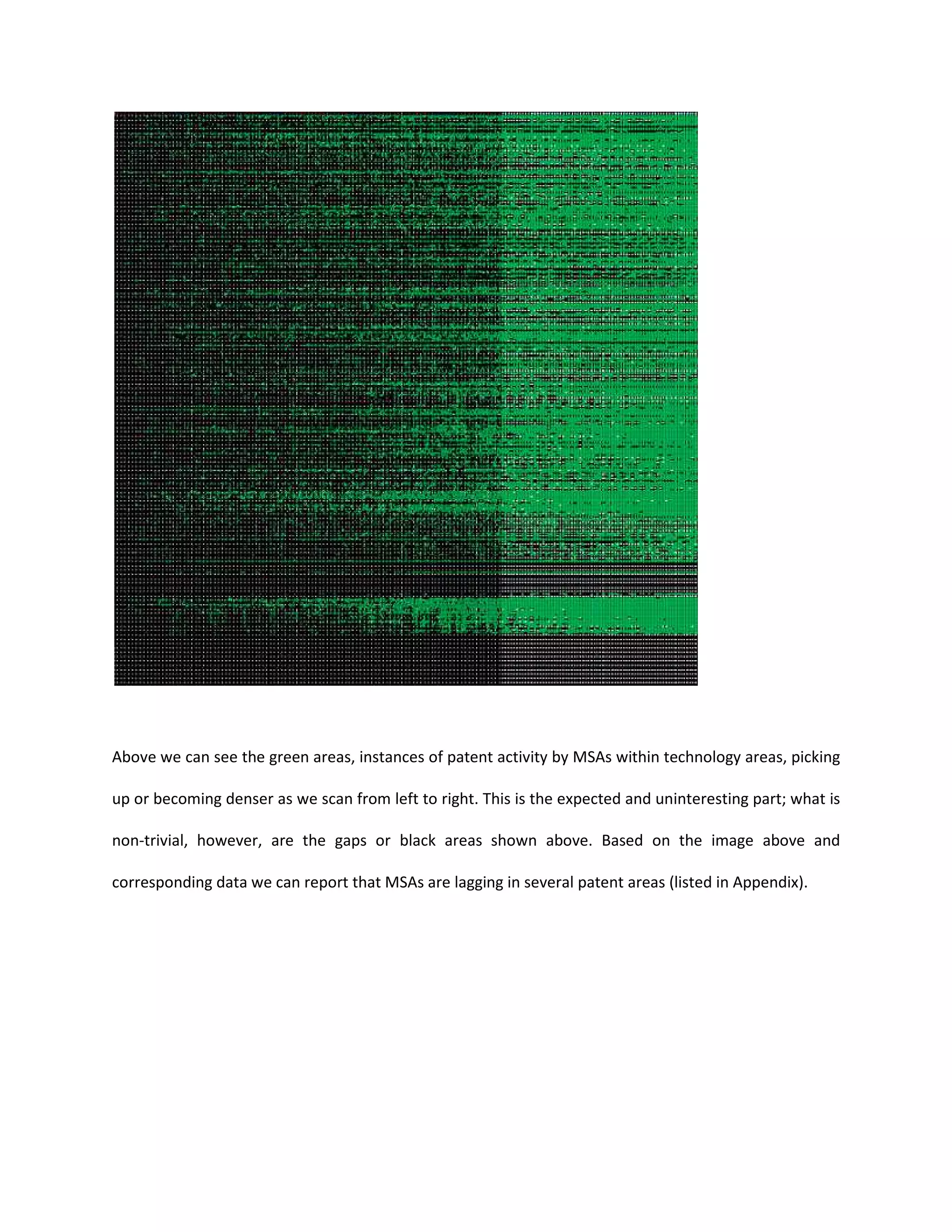 Above we can see the green areas, instances of patent activity by MSAs within technology areas, picking
up or becoming denser as we scan from left to right. This is the expected and uninteresting part; what is
non-trivial, however, are the gaps or black areas shown above. Based on the image above and
corresponding data we can report that MSAs are lagging in several patent areas (listed in Appendix).
 