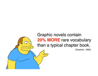 Graphic novels contain
20% MORE rare vocabulary
than a typical chapter book.
                   (Krashen, 1993)
 