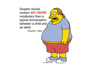 Graphic novels
contain 40% MORE
vocabulary than a
typical conversation
between a child and
an adult.
     (Krashen, 1993)
 
